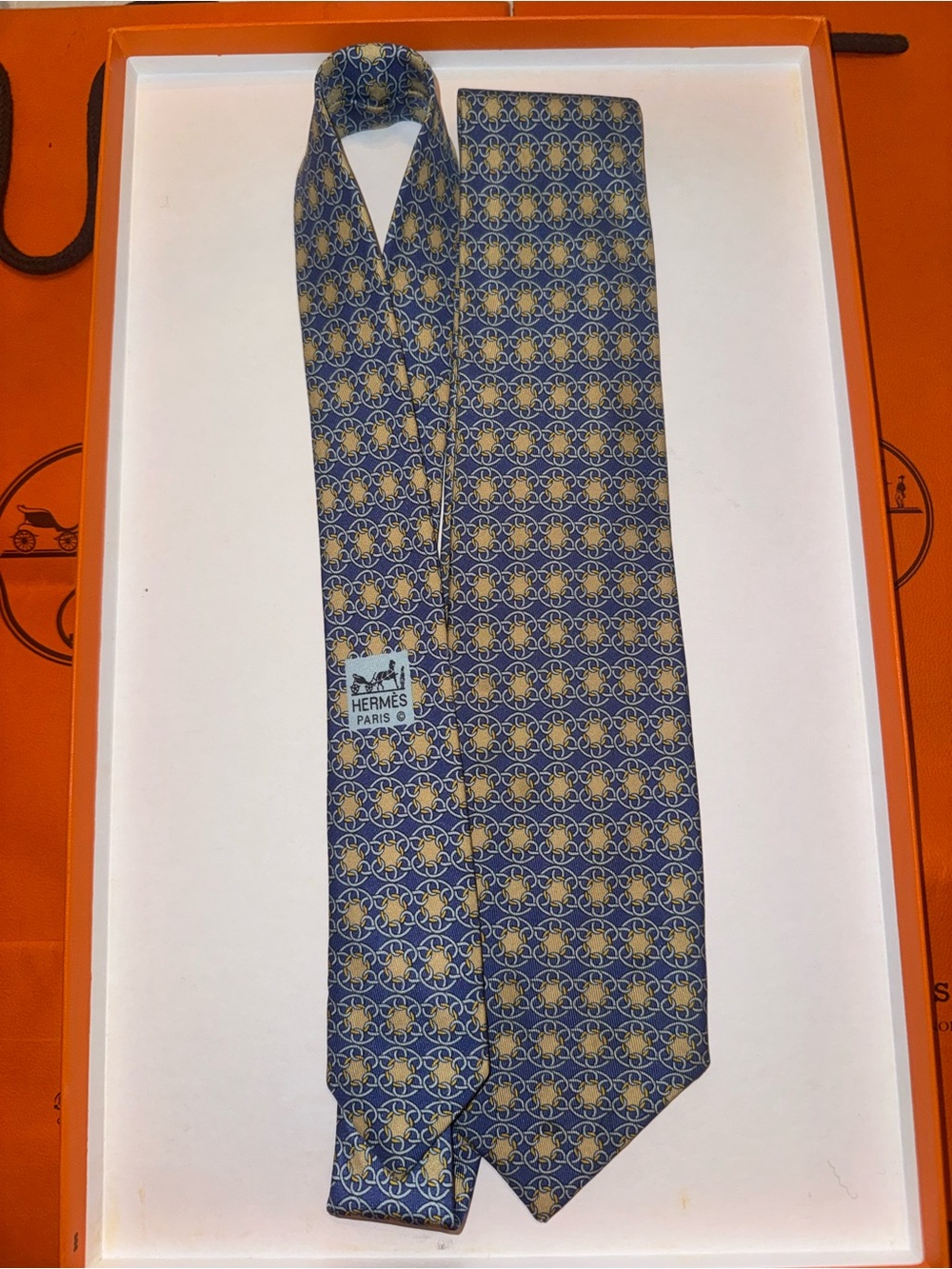 Hermes Blue and Gold Tie with Geometric Pattern
